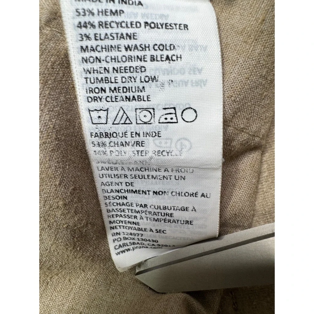 Prana Mantra Straight Leg Hemp Blend Pants Tan Khaki Womens Small Yoga Bohemian